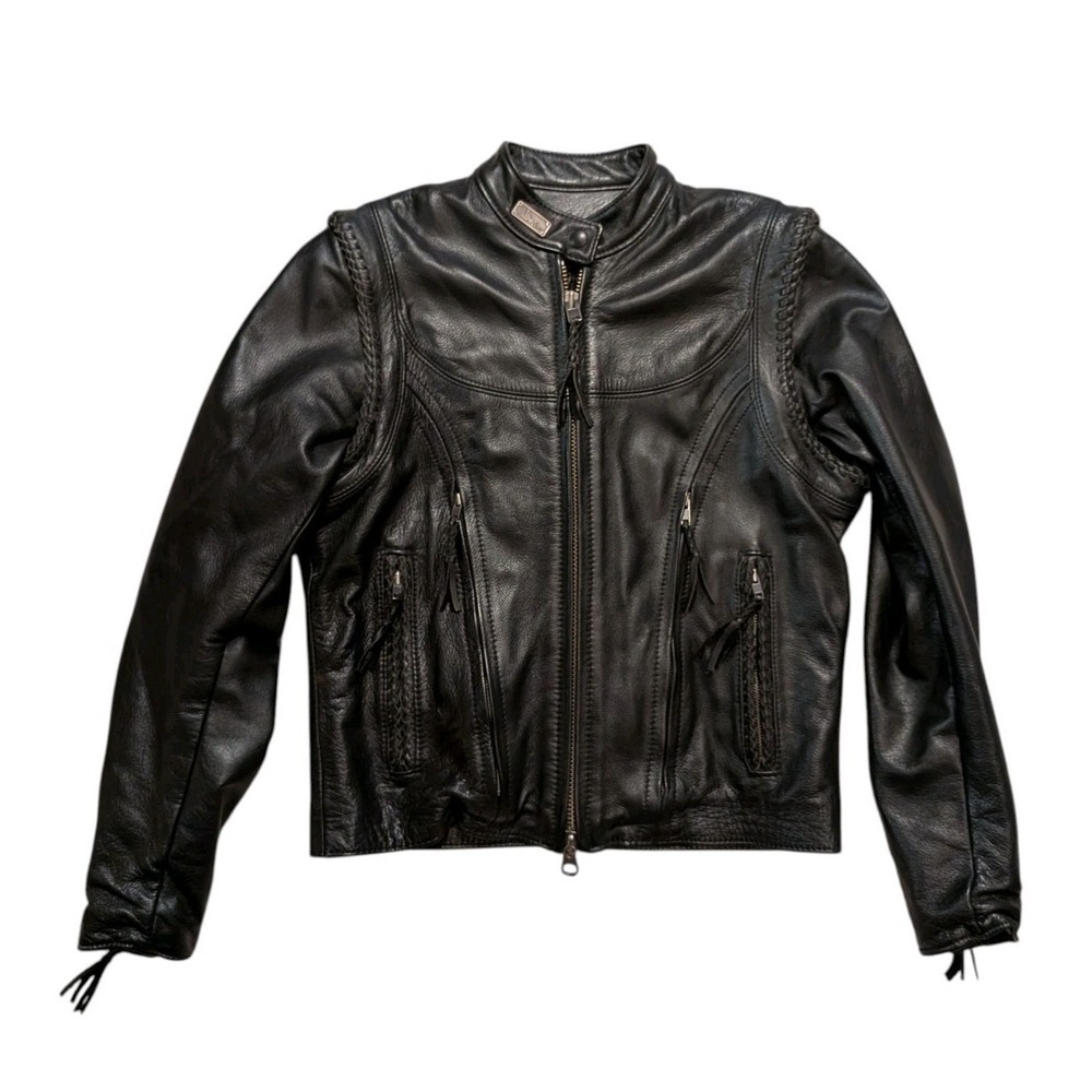 Harley Davidson Womens WILLIE G Zip Off Sleeves Black Leather Jacket 98515 M - Picture 2 of 12